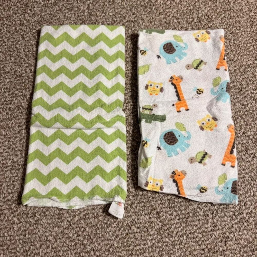 Bundle of 2 Circo Flannel Receiving Baby Blankets Green Chevron Jungle Animals